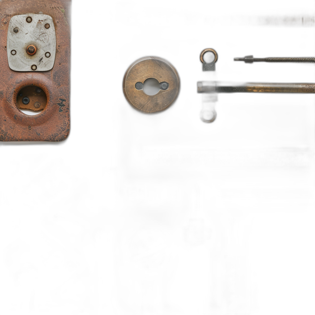 Close-up photo of an old door lock on a black background, with other elements next to it in a flat lay photography style, in a minimalistic style.
