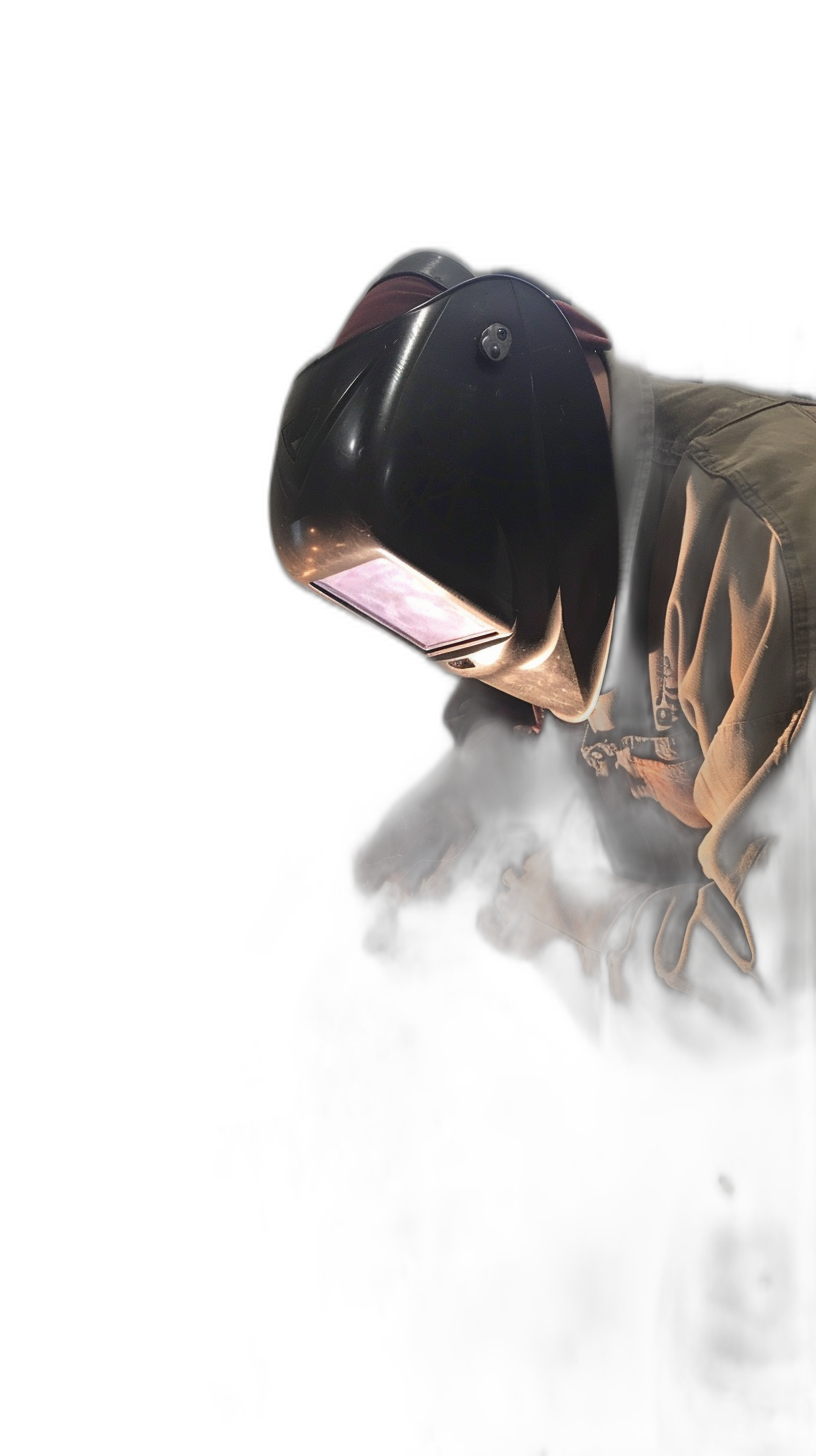 Lake of the dark background, high contrast photo of a welding worker in profile wearing a helmet and workwear with bright light from behind the head, centered composition, studio photography, hard lighting, dark shadows, in the style of hyper realistic, hyper detailed.