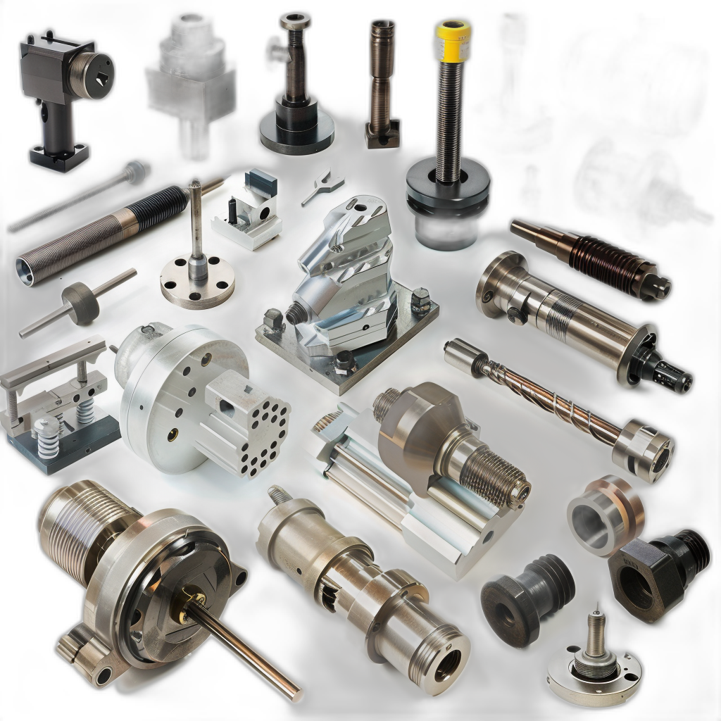 A collage of various tooling and machinery parts, including pins, invasion, multiOfficial flat & round metal colour pieces, heavy machine looks clean, made from stainless steel with black background, showing the wide range of products available in their machines.