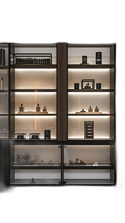 a dark room with lighted shelves of high end modern glass and wood cabinets displaying small black boxes containing tiny accessories, minimal design, dimly lit, hyper realistic, architectural photography,