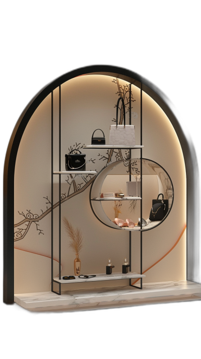 The design of the display cabinet for women's bag products features an arched window, black background wall and white lightbox inside. The shelf is made up with three small shelves on which there will be handbags. On one side of each shelf hangs several elements in the style of Chinese elements such as lanterns or golden lines. In front of it lies some empty space. This design gives people a sense that everything has been perfectly arranged in its place. It also highlights the brand logo and product name.