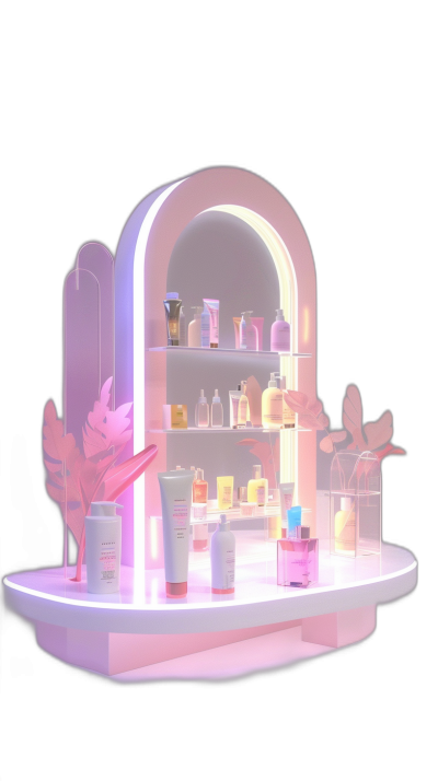 A white shelf with pink and yellow gradient lighting, adorned with various cosmetics in glass bottles. The design features an archshaped mirror at the top of the display stand. In front is a black background with no shadows. It has a C4D rendering style, a cartoonish aesthetic, and highdefinition details.