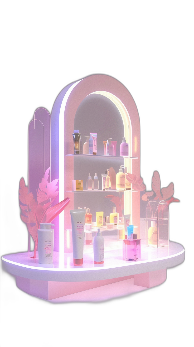 A white shelf with pink and yellow gradient lighting, adorned with various cosmetics in glass bottles. The design features an archshaped mirror at the top of the display stand. In front is a black background with no shadows. It has a C4D rendering style, a cartoonish aesthetic, and highdefinition details.