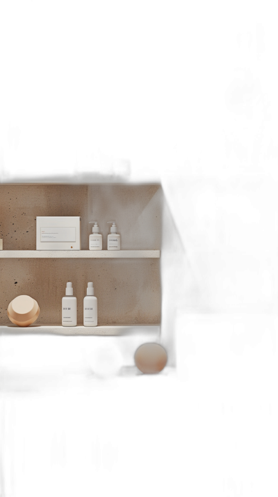 A dark background with the silhouette of an open concrete shelf in front, on which there is one white box and several bottles of body care products in a closeup, minimalist style. The high resolution photography features soft, studio lighting with minimal contrast and clean, sharp focus achieved through focus stacking. The photorealistic style resembles images rendered in an unreal engine.