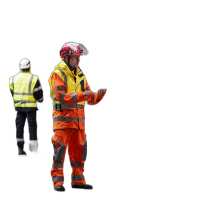 A professional photograph of an emergency services worker wearing high vis working on his phone, another person is standing behind him in the background. Full body shot, isolated black background, high resolution, high detail,