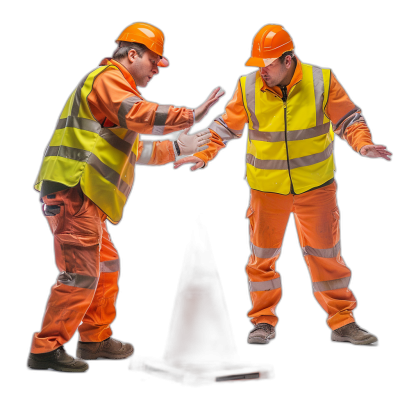 full body photo of two construction workers in high vis working together, one is slapping the other with his hand on black background, hyper realistic