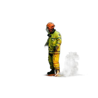 A photo of an Australian fireman in a yellow and green high-vis suit, with a helmet on his head with an orange rim, standing over smoke coming from a burnt cardboard box at night. A full-body shot of the fireman with a black background taken at high resolution in a photorealistic style.