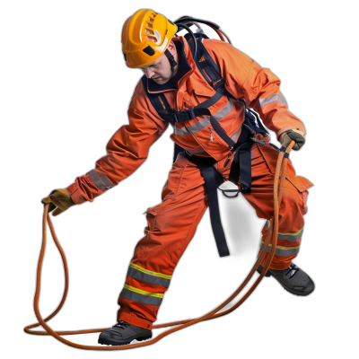 A firefighter in an orange suit, climbing with safety equipment and holding a rope on a black background, in the style of a photo realistic image.