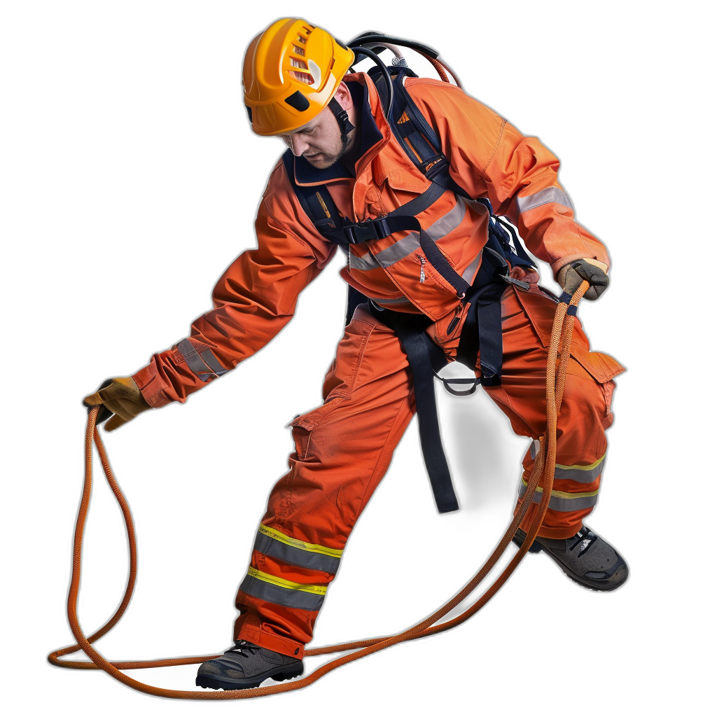 A firefighter in an orange suit, climbing with safety equipment and holding a rope on a black background, in the style of a photo realistic image.