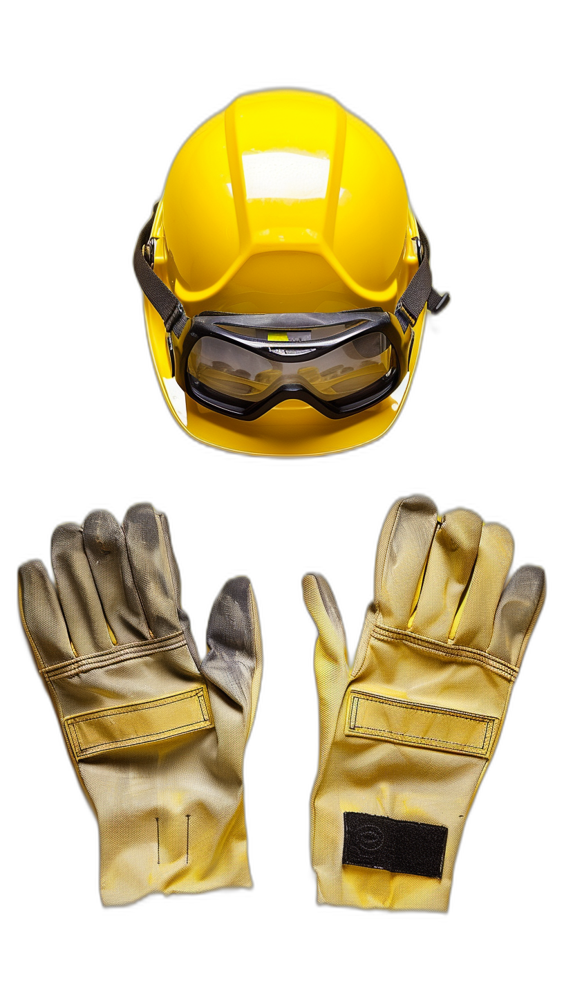 A pair of yellow construction gloves and safety helmet with goggles, black background, product photography, hard hat, top view, front view, 3D rendering, 45 degree overhead shot, high resolution, high detail, hyper quality, high definition,