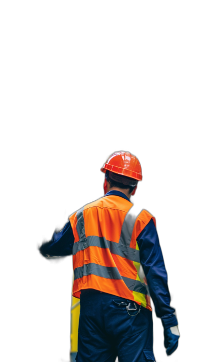 A construction worker wearing an orange vest and blue pants, facing away from the camera with his back to us while holding up one hand in front of him on a black background, wearing a hard hat and safety glasses, in the style of photorealistic hyperrealism portrait photography, as a closeup shot of his full body with a bright color palette, high contrast, professional studio lighting, photographed with a Canon EOS R5 and Canon EF lens 80mm f/2.4L Macro IS USM.