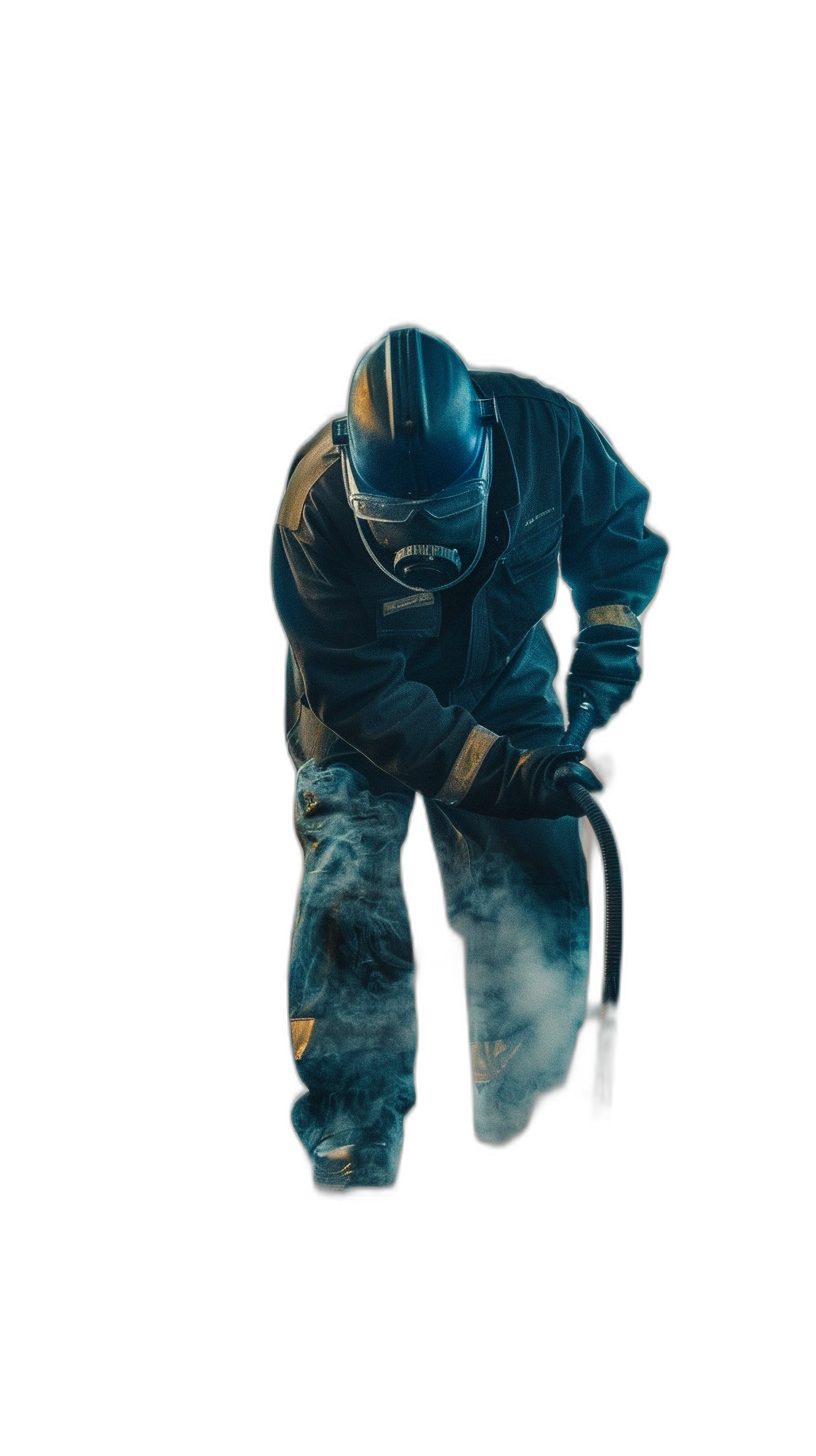 a double exposure of an underground car mechanic in blue overalls, full body with helmet and gloves on black background, dark lighting, smoke coming from the ground, hip hop aesthetic, photorealistic, hyper realistic