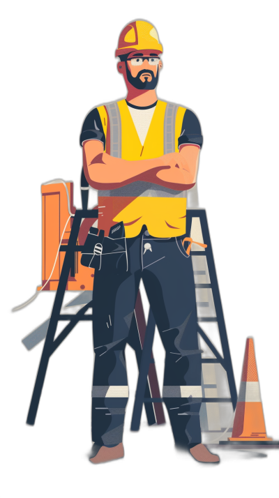 An illustration of a construction worker in full body, in the cartoon style vector art with a black background, wearing a yellow vest and helmet standing in front of a ladder. On the side, there is a traffic cone on it. His arms are crossed across his chest with a confident expression and smiley face. The illustration looks very detailed and professional in a high resolution.