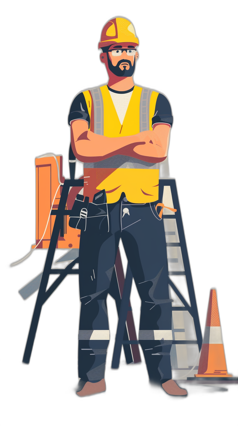 An illustration of a construction worker in full body, in the cartoon style vector art with a black background, wearing a yellow vest and helmet standing in front of a ladder. On the side, there is a traffic cone on it. His arms are crossed across his chest with a confident expression and smiley face. The illustration looks very detailed and professional in a high resolution.