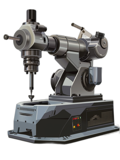 A gray metal industrial machine with an electric drill was depicted in the style of a three-dimensional icon design style on a black background with a gray and silver color scheme using 3D rendering technology as a piece of digital art.