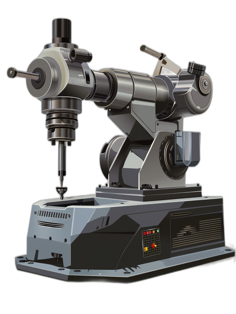 A gray metal industrial machine with an electric drill was depicted in the style of a three-dimensional icon design style on a black background with a gray and silver color scheme using 3D rendering technology as a piece of digital art.