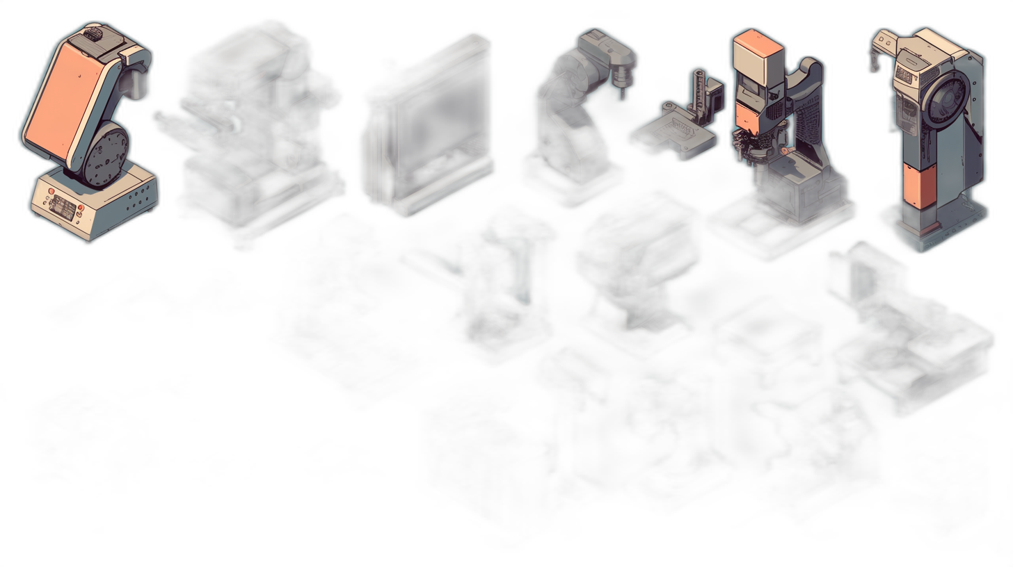 Pixel art isometric game assets on a black background, a pixelated screenshot of old computer screens and machines in the pixel art style, 8-bit video game graphics with low resolution, low pixels, high contrast, low saturation, low grey demon tones, dark shadows, low light, low detail, low color depth and pixelation, low resolution, 2D pixel art.