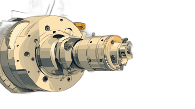 3D render of a simple, minimalistic circular-lensed industrial motor against a solid black background with white details in the style of a cartoon. The model is low poly with minimal detail.