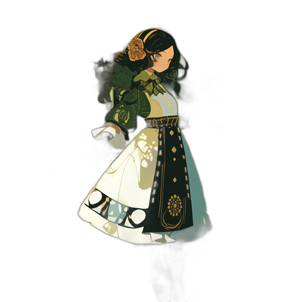 A paper cutout of an anime character in a white, green and gold dress with long dark hair holding flowers on her head. She is wearing gloves and stands against a black background. The illustration has a soft glow effect that adds depth to the design. It also features minimalism, flat illustrations, and a simple color palette, in the style of an anime artist.