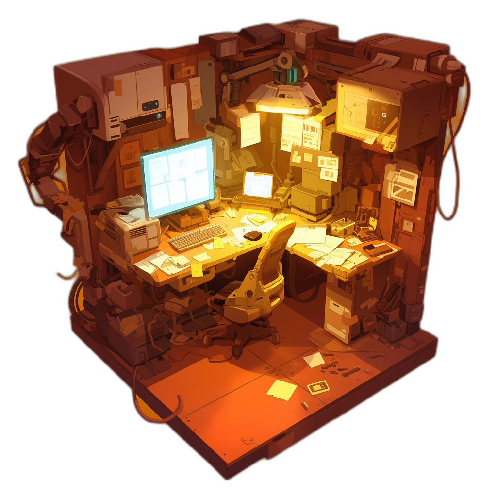 An isometric view of an office cubicle with a computer desk and chair, made from rusted metal with wires running everywhere, is glowing orange in the dark room. The light source comes out through small holes on top. It has lots of papers and post-it notes all over. It is in the style of cyberpunk, with a cartoonish appearance.