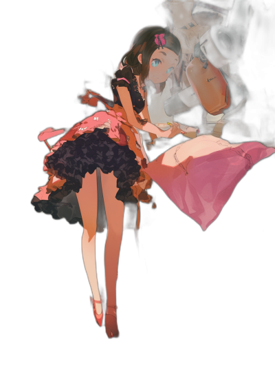 A cute girl is depicted in an anime style. She is wearing a pink and black dress with pigtails. She holds her skirt up to show off the legwear beneath it. She has one foot on top of another character's head who wears brown pants and a white shirt. They both have their eyes closed. They stand on a dark background. There is no visible text or logo. They look happy and playful. The characters are depicted in the style of animated characters.