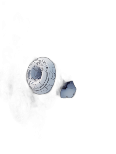 A small white spaceship with blue details is floating in the darkness. The 3D rendering style has a minimalist, futuristic and technological feeling with a focus on the white object against a black background at a high resolution. It has an empty space for text on top of it. There is another small silver sphere next to the spaceship, in the style of a sci-fi cartoon.