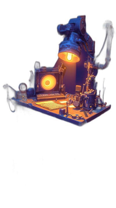 Steampunk floating computer in the air, 3D, illuminated from behind in the style of lamp light, on black background, in the style of Pixar, cartoonish, in the style of game art, artstation