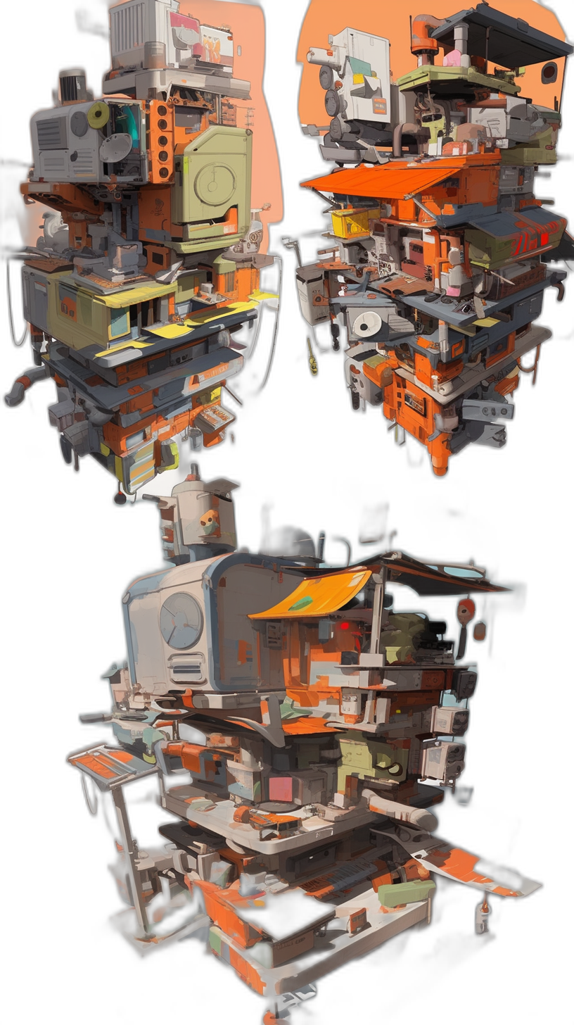 In the style of voxel art, isometric view, post apocalyptic setting, showing multiple angles from different sides, a detailed complex mechanical structure sits atop an electric vehicle platform made of metal and plastic with many small parts and electronic components, an orange and white color palette against a black background, shown from multiple positions and perspectives.