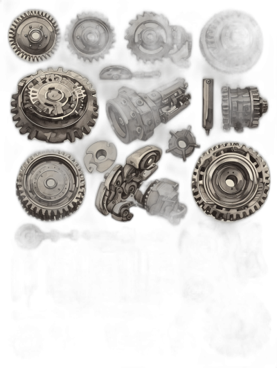 A sprite sheet of various steampunk gears and mechanical parts, rendered in grayscale against a dark background. The gear shapes should include different sizes, textures like wood or metal, and have visible effects such as rusting edges or glowing glass accents. Each piece is set at the bottom left corner for easy placement within game artwork. This design will create an atmosphere of mystery and intrigue with its industrial aesthetic in the style of steampunk.