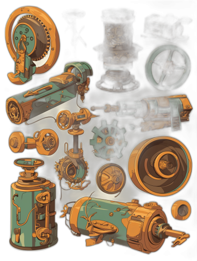 steampunk engine parts, vector graphics, dark background, sticker set in the style of [Gustave Doré](https://goo.gl/search?artist%20Gustave%20Dor%C3%A9) and in the style of [Studio Ghibli](https://goo.gl/search?artist%20Studio%20Ghibli), cartoonish simplicity, cel shading, hand drawn outlines, flat colors, bold shapes, colorized line art, dark green, light blue, mustard yellow, black, orange