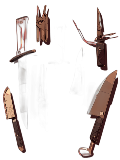 concept art of the knife from Dark Souls, with a leather sheath, showing multiple angles, on a dark background, in the game asset style sheet, a 2D cartoon stylized concept design