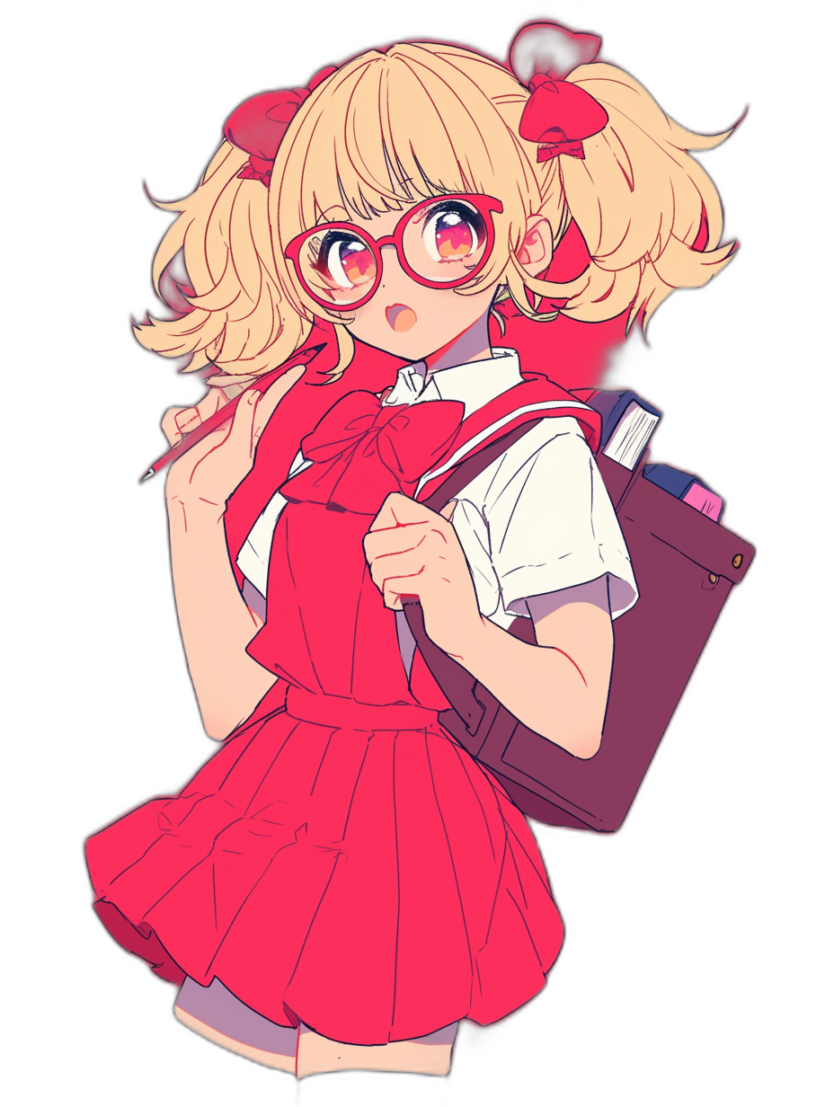 A cute anime schoolgirl with blonde hair and red glasses, wearing a pink skirt dress and white shirt holding her backpack in the style of crisp neopop illustrations. She has a simple black background with bold outlines and a vibrant color palette. The illustration is high resolution with high contrast and intricate details in a manga artstyle. She has pale skin, big eyes and a smiley face in the style of ALOE.