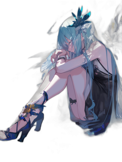 Creamy blue hair, a full body view of Haku from Genshin Impact sitting on the floor with her legs crossed and hugging herself. She is wearing black shoes with blue lace details. Her head is resting in one hand against a black background. The art is in the style of a dark fantasy digital art.