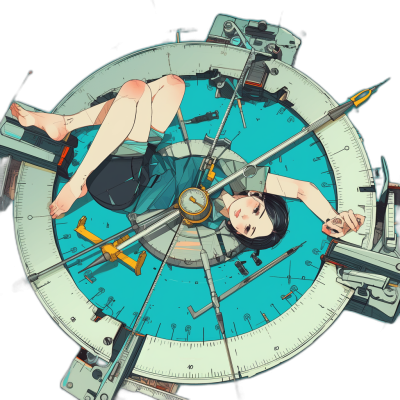 A beautiful anime girl is lying on the clock face, surrounded by various tools and a blue background. The angle of view shows her whole body from above. In the style of anime, full color, flat illustration, ultrahigh resolution photography, topdown perspective, high saturation, contrast between light and dark, bright colors, and a sense of mystery.