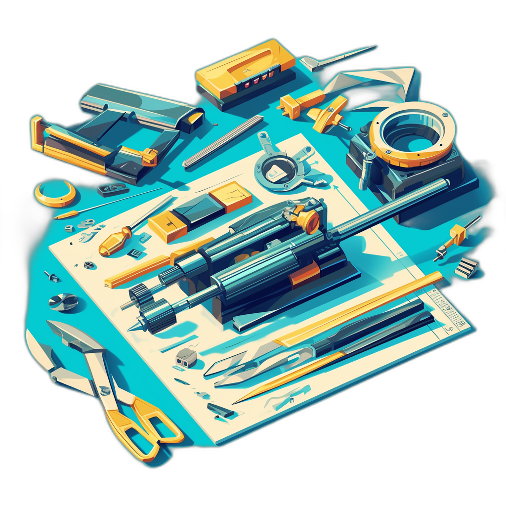 isometric view of tools for crafting on a crafting table with parts and tools in the style of a cartoon style for 2d game art with a cute design on a blue background using a colorful palette at a high resolution with very detailed and high contrast vibrant colors and clean lines that is pure and perfect and simple with no shadows and bright and colorful with soft lighting on a dark black background in the style of a vector illustration and digital painting with a cinematic style.