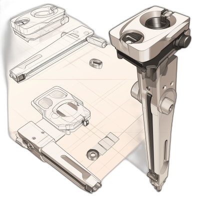 Generate an isometric blueprint of the "small camera" part with metal extruded parts, including top and side views, focusing on precision details such as teeth forging or a tiltable frame. Highlight any interesting features like fluid-shaped decorations or integrated pegs. Ensure that all components are clearly visible against a black background, with the overall design being sleek yet detailed to reflect high-quality engineering in the style of photography technology.