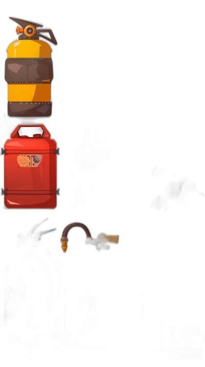 game asset of a gas canister, dark background, cartoon style, 2D game art, game UI elements for the top left corner of an app screen, 4 colors, red, yellow, brown and black, one tank is next to another with no space between them