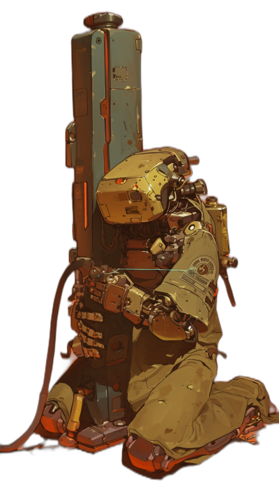 Concept art of an old cyborg sitting on the floor hugging his robot pet, holding a sci-fi rocket launcher in one hand, wearing a dirty and worn out brown jacket with orange details, black background, character design in the style of [Tsutomu Nihei](https://goo.gl/search?artist%20Tsutomu%20Nihei), dark gold color palette, high contrast, detailed body armor, metal shoulder pad, full shot, low angle camera view.