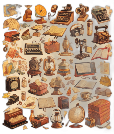 A collage of vintage items, such as typewriters, books, lanterns, and music players, old phones, etc., arranged in an artistic manner. Each item is depicted with intricate details to give it the appearance of being handdrawn or painted. The background should be a dark gray to highlight each object.