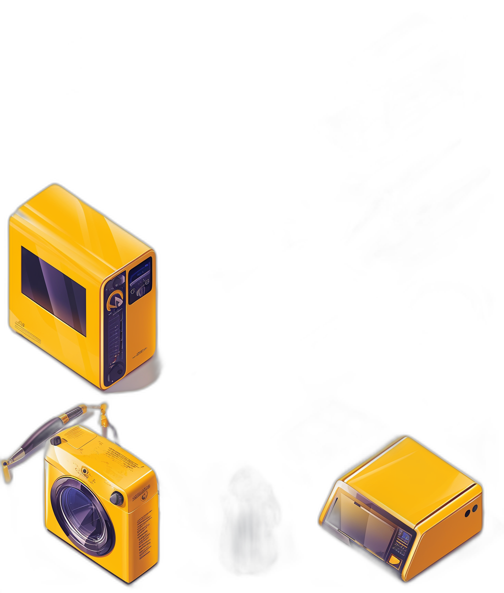 In the style of vector illustration, three yellow digital cameras floating on a black background. One is big and has an LED display screen with the camera pointing at it. A second small square device floats in front of the large one with a glowing pen inside. A third smaller rectangular device floats right next to a tiny rectangle on top. All have rounded corners with a perspective grid composition in dark gray and light amber colors at high resolution and detail.