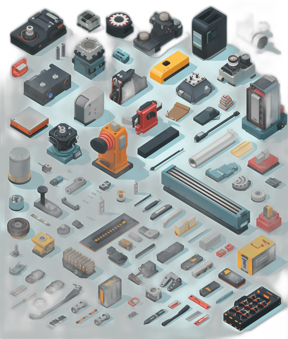 A collection of isometric mechanical parts, including light illuminators and a digital camera, arranged in an overhead view with various colors and shapes. The background features gray gradient tones, creating a realistic effect in the style of an overhead view.