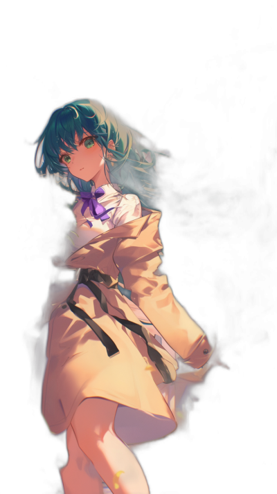 [Rumiko Takahashi](https://goo.gl/search?artist%20Rumiko%20Takahashi), in an anime style, with a solid black background, depicting a dark fantasy scene, showing the full body of a female character wearing a beige coat and purple ribbon around her neck, with blue hair and green eyes, in a dark shadowy room, with blurred motion and action pose in the style of [Rumiko Takahashi](https://goo.gl/search?artist%20Rumiko%20Takahashi).