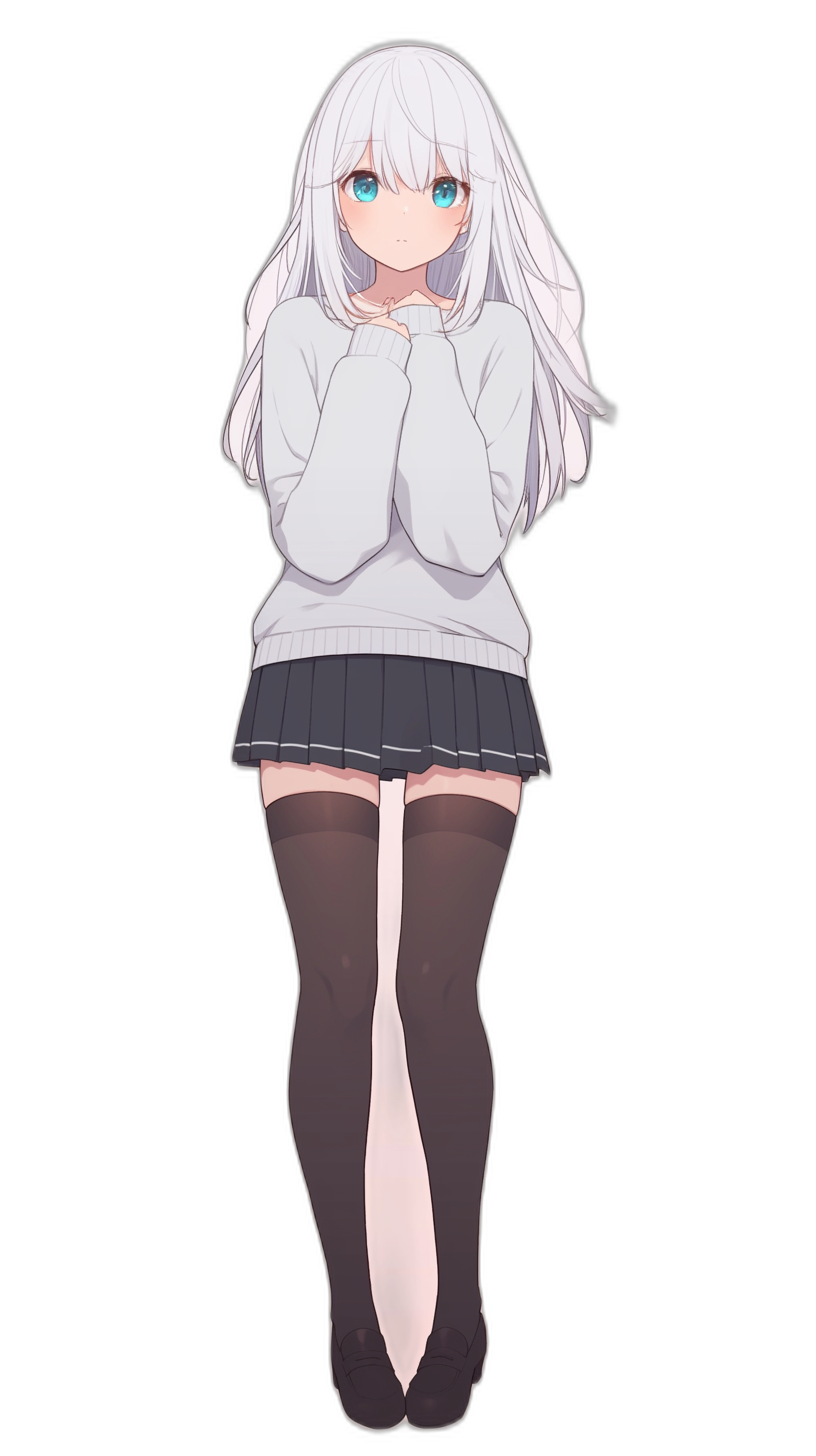 White hair, blue eyes, wearing a white sweater and black skirt, hands on knees with head down, in the cute anime style, full body shot, high heels over the knee socks, black background.