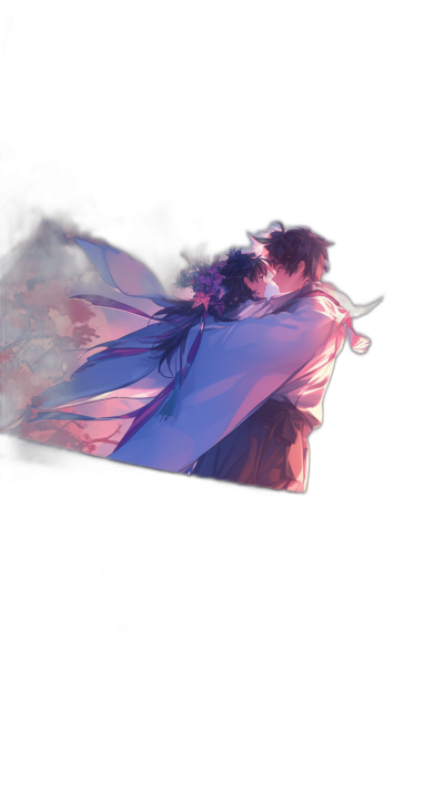 A boy holding flowers and wearing Hanfu is flying in the air, his back to camera, kissing another man's head on a black background, in the style of Japanese animation, mysterious light, full body shot, purple and pink color scheme, high resolution, from a low angle view, high definition, wallpaper, in the style of Japanese animation, colorful lights, soft lighting, fantasy art, with an anime aesthetic, deep colors, a dreamy atmosphere, silhouette, mysterious.