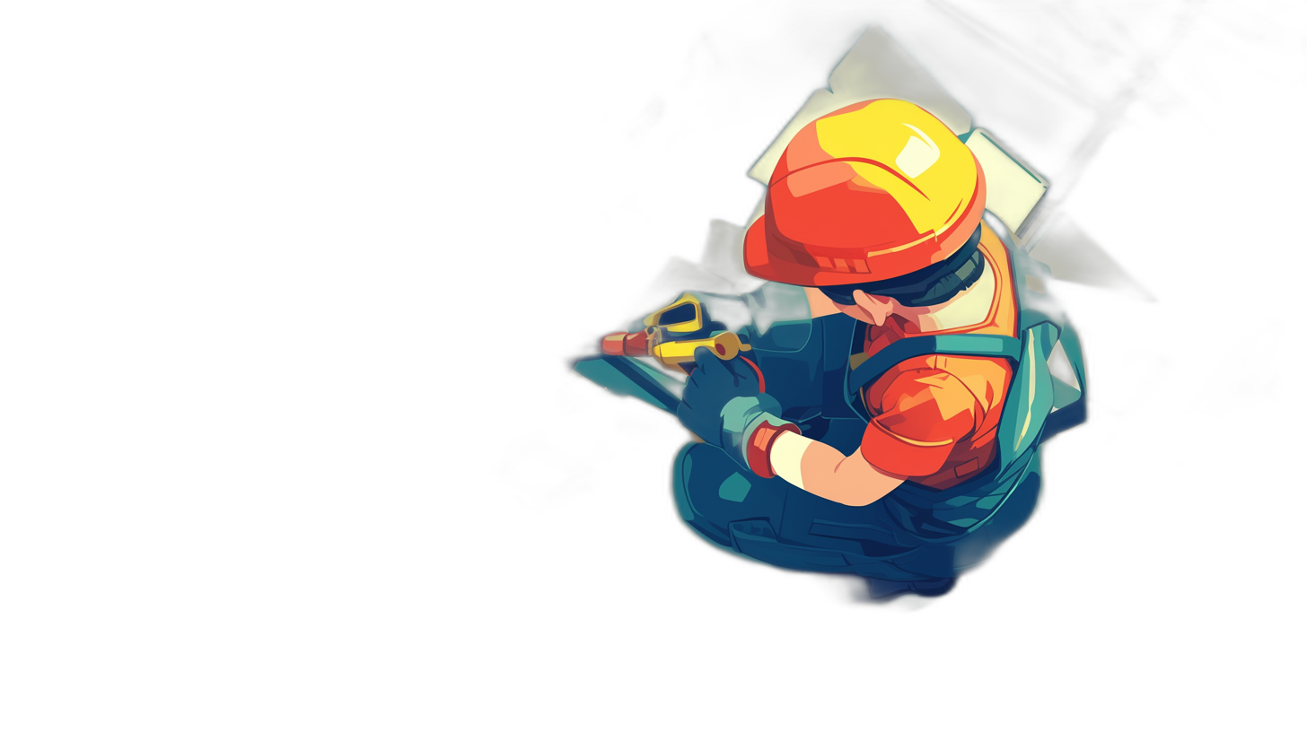 Top down view of an electrician working on the top, in the pixel art style, on a black background, with a cartoon game character design, in a 2d mobile casual game artstyle, that is cute, low poly, low resolution, simple and minimalistic, with high contrast, and vibrant colors, wearing a dark blue outfit with a yellow helmet and red gloves, holding a multitool device in his hand, simple.