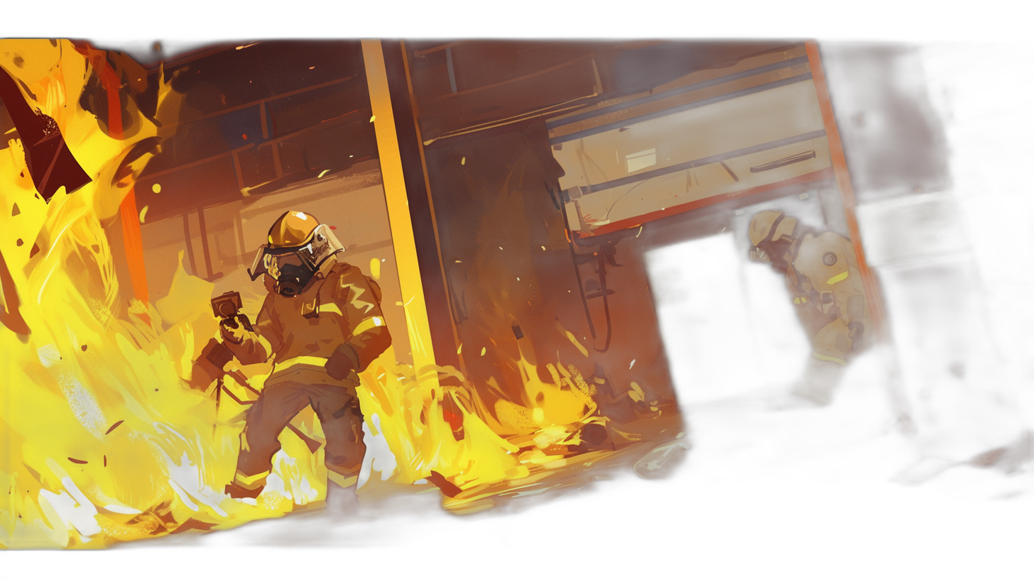 Firefighter putting out a fire in a factory, concept art cartoon digital painting in the style of league of legends.