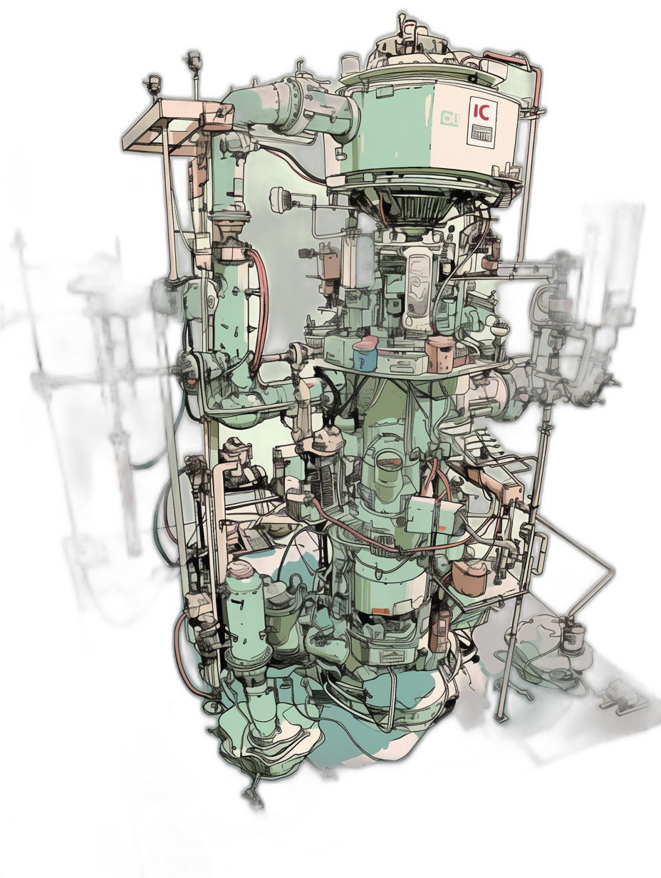 A detailed, handdrawn illustration of the “IC” engine’s internal structure, designed in the style of [Hayao Miyazaki](https://goo.gl/search?artist%20Hayao%20Miyazaki) and [Katsuhiro Otomo](https://goo.gl/search?artist%20Katsuhiro%20Otomo), set against an all-black background. The scene is captured from above in full body perspective with a wide-angle lens, showcasing intricate details such as wires, pipes, lights, glass panels, green accents, white and blue elements, all rendered in a high-contrast style that emphasizes light effects and shadows.