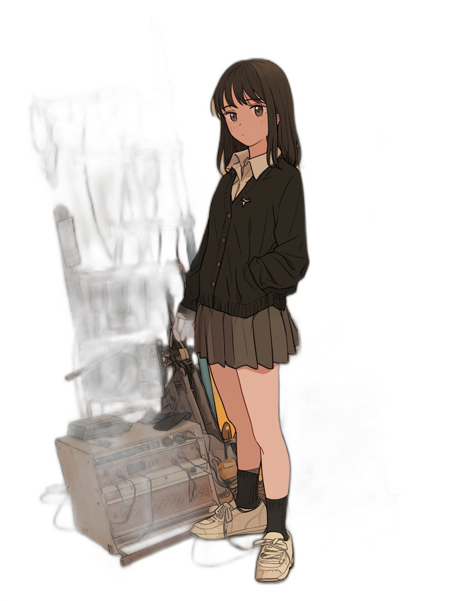 A girl in a school uniform stands next to an old radio, holding two long guns and wearing white sneakers on her feet, with dark hair, simple background, full body portrait, in the style of anime, black , character design, dark atmosphere, flat illustration, black background, simple details, in the style of 2D animation, high resolution, best quality.