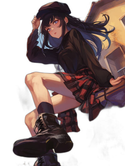 A full body shot of an anime girl wearing black boots, a plaid skirt and a blue shirt with long dark hair in pigtails holding onto the edge on top of her school desk. She is sitting down. She has large expressive eyes and is smiling slightly at the camera. Her hat covers half of her face. Dark background. In the style of [Makoto Shinkai](https://goo.gl/search?artist%20Makoto%20Shinkai).