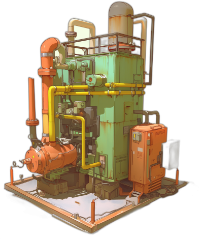 A cartoon-style 3D render of an industrial engine, designed for game art and featuring vibrant colors with visible pipes and fans. The scene is set against a black background to highlight the colorful details of the machinery. It is presented from a front view in orthographic projection. This artwork will be used as a character model texture in a video game setting, in the style of game art.